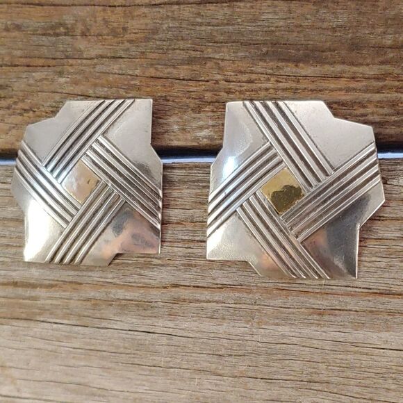 Vintage Sterling Geometric Lines Large Earrings - Picture 2 of 7